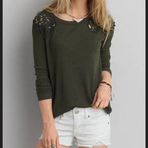 American Eagle waffle knit lace shoulder top